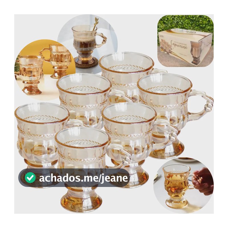 6 Xicaras Café Sem Pires 142 Ml Ambar Base E Alça Decorada Transparente