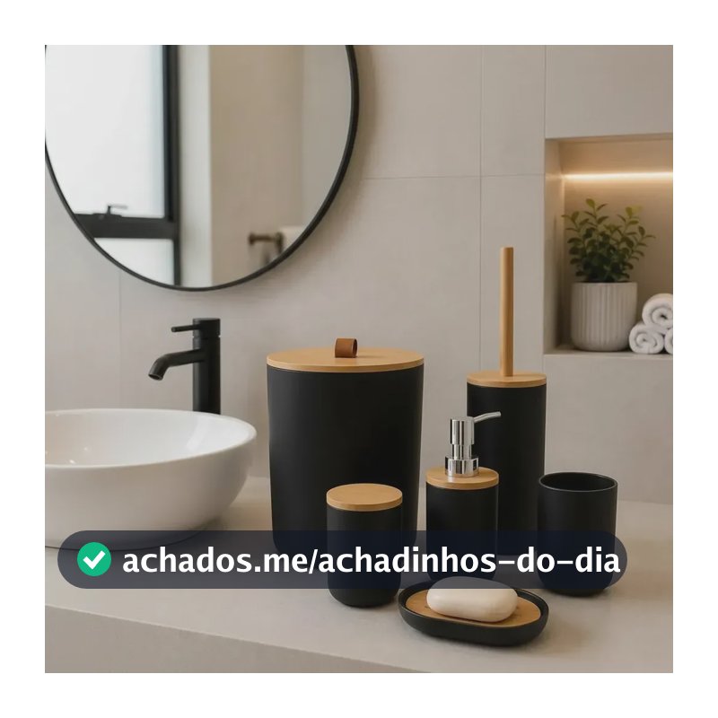 Kit Acessórios Banheiro 6 Peças Lixeira Escova Sanitária Dispenser Sabão Líquido Porta Escova Dente Saboneteira Organizadores Design Moderno Lavabo Suítes Resistente Cor Preto