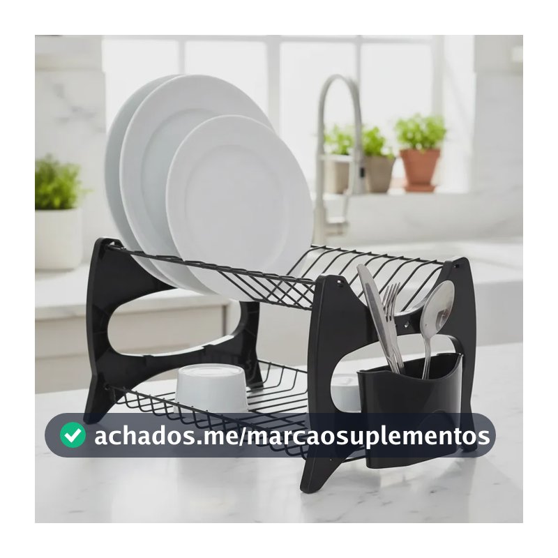 Escorredor de Louças Compacto 13 Pratos Porta Talher Preto Metaltru