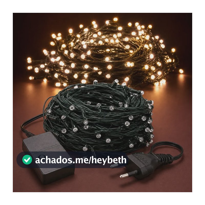 Cordão 200 Leds Pisca 20 Metros 8 Funções V8 Natal Fio Verde Branco Quente 127v
