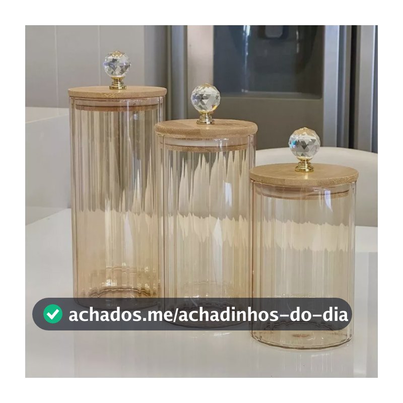 Kit 3 Potes Vidro Âmbar Mantimento Canelado Tampa Bambu Luxo Âmbar