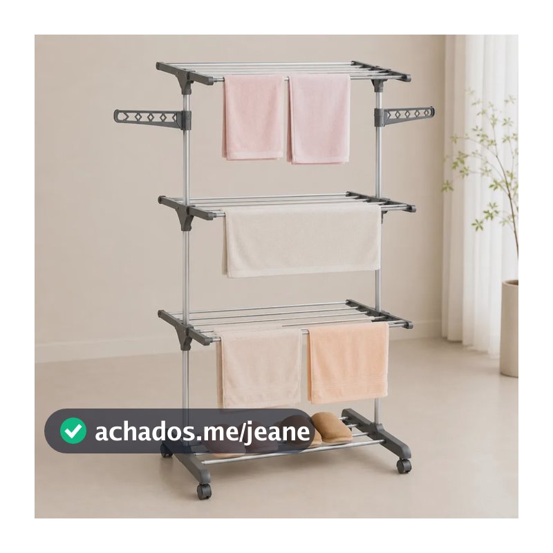 Varal De Chão Dobrável Com Rodinhas, 3 Andares Reforçados E Retráteis, Suporta Até 30 Kg Ideal Para Apartamento Lavanderia Cinza