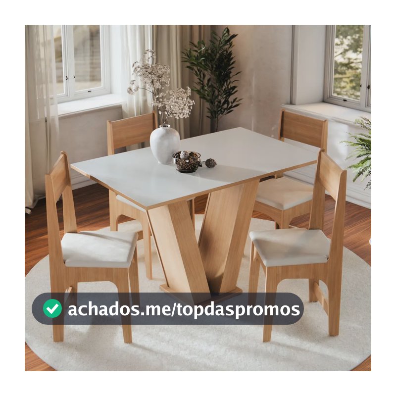 Conjunto Sala de Jantar 4 Lugares com Cadeiras Estofadas Mesa Com Tampo Retangular Semelhante Vidro Base V Mel Branco Off White