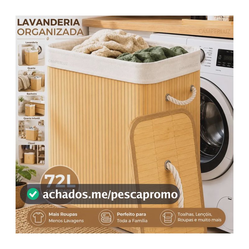 Cesto Organizador De Roupa Bambu Dobrável Retangular Com Tampa Forro e Alças 72 Litros Grande Capacidade Reforçado Caixa Organizadora para Brinquedos - Marca Macate
