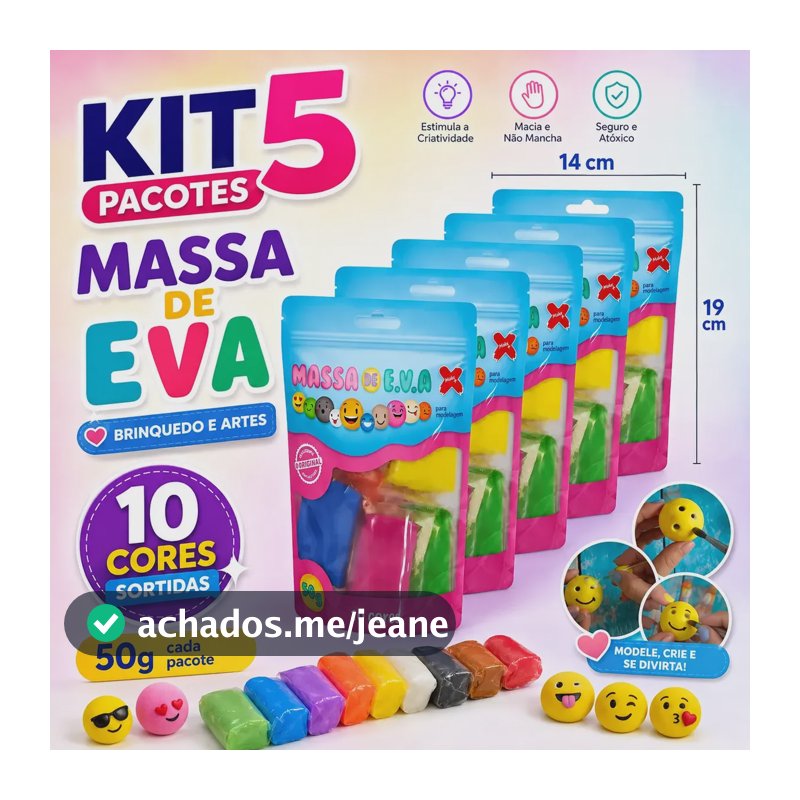 Kit 50 Massinha Eva Fácil De Modelar Infantil 5 Pct 10 Cores Colorido