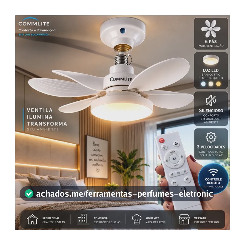 Ventilador de Teto 60W Silencioso Lâmpada Forte com LED, Controle e 6 Pás Soquete E27 Para Residencial Comercial Interno Externo Quarto Sala Cozinha Escritório Gourmet Apartamento Casa - Commlite