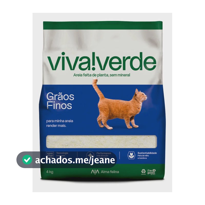 Areia higiênica gatos grãos finos Viva!Verde 4kg de peso neto sem odor e biodegradavel para gatos