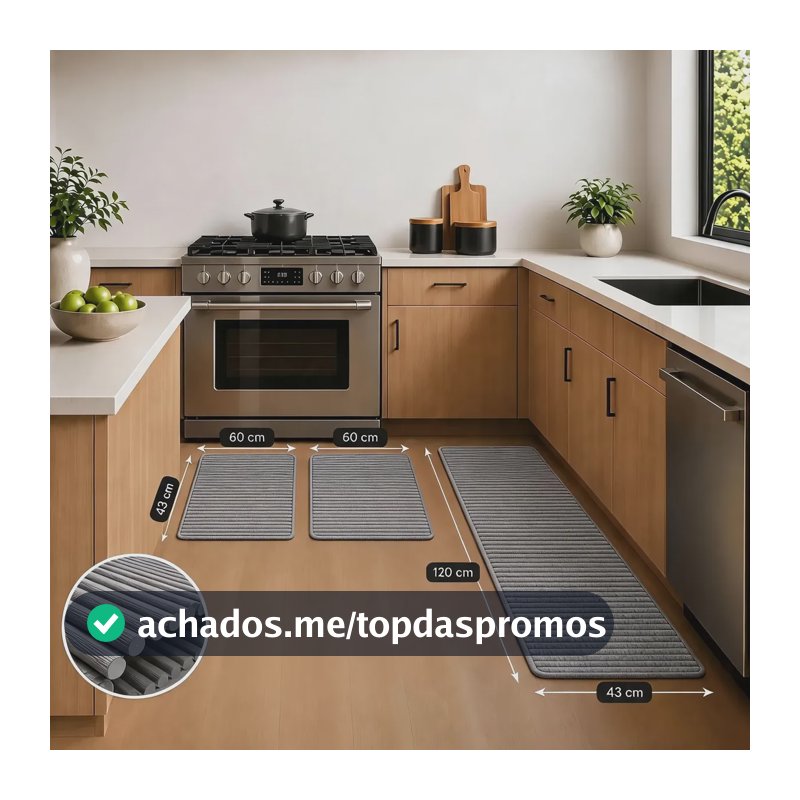 Jogo 3 Peças Tapete Passadeira Antiderrapante Impermeável 1.2 M 43 Cm Cinza