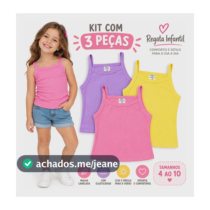 Kit 3 Regatas Blusa Alcinha Infantil Menina Canelada Verão Cor Sortida Liso 8