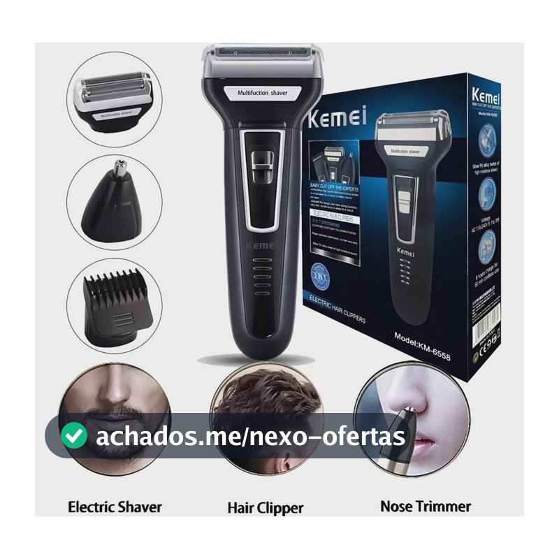 Barbeador Aparador Cortador Kemei 3 em 1 KM-6558 Recarregável Preto