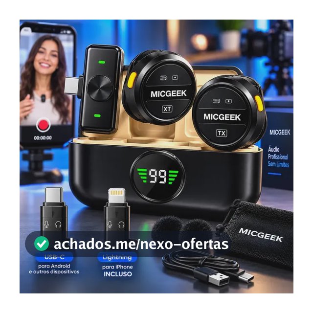 Microfone Lapela Redondo Sem Fio Tipo-C Duplo Anti Ruído P/ Android E iPhone 15 16 17 Com Caixinha Para Carregamento Cor Preto MICGEEK