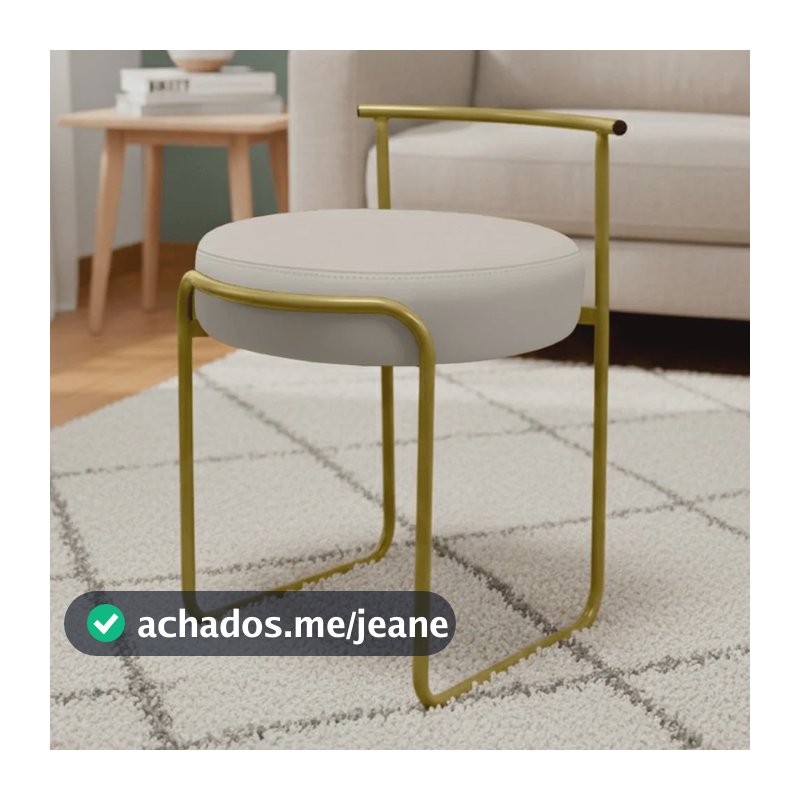 Banqueta Decorativa Sala Área Gourmet Puff Base Ferro Corino Metal Dourado Off-white