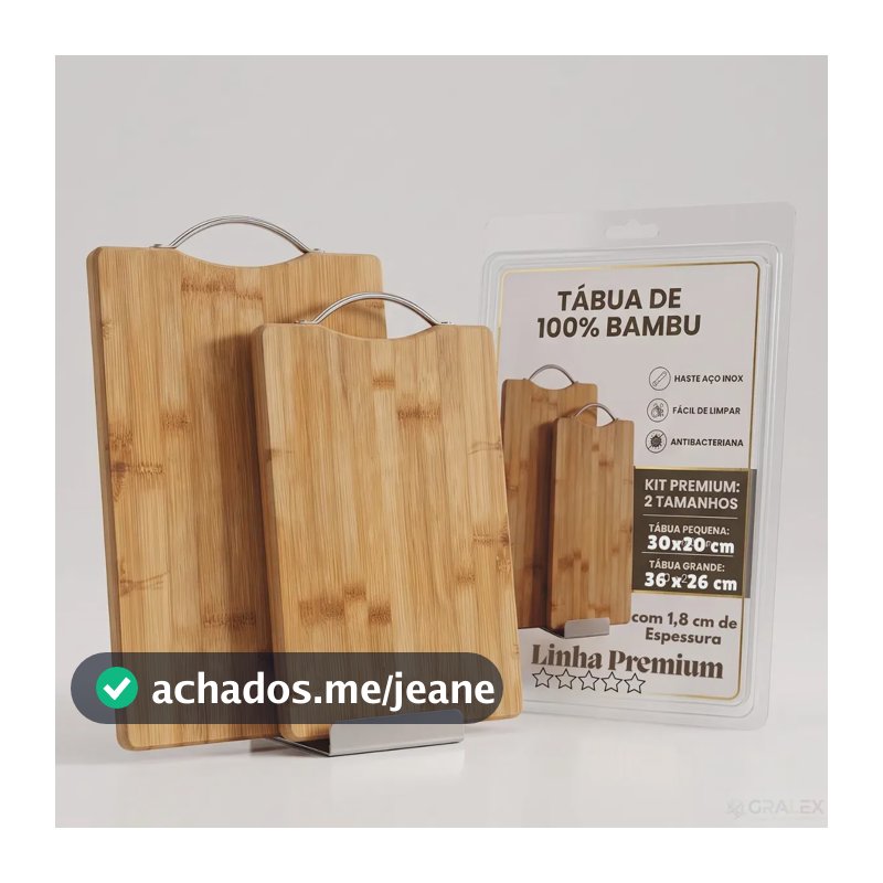 Kit de 2 Tábuas de Corte Retangular em Bambu Natural Com Alça Inox Para Carne e Legumes