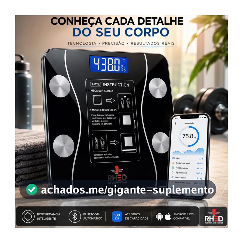 Balança Digital Bioimpedância Profissional smart imc 180kg Bluetooth Corporal Aparelho Alta Capacidade aplicativo App para Android e para IOS Balança De Banheiro Academia