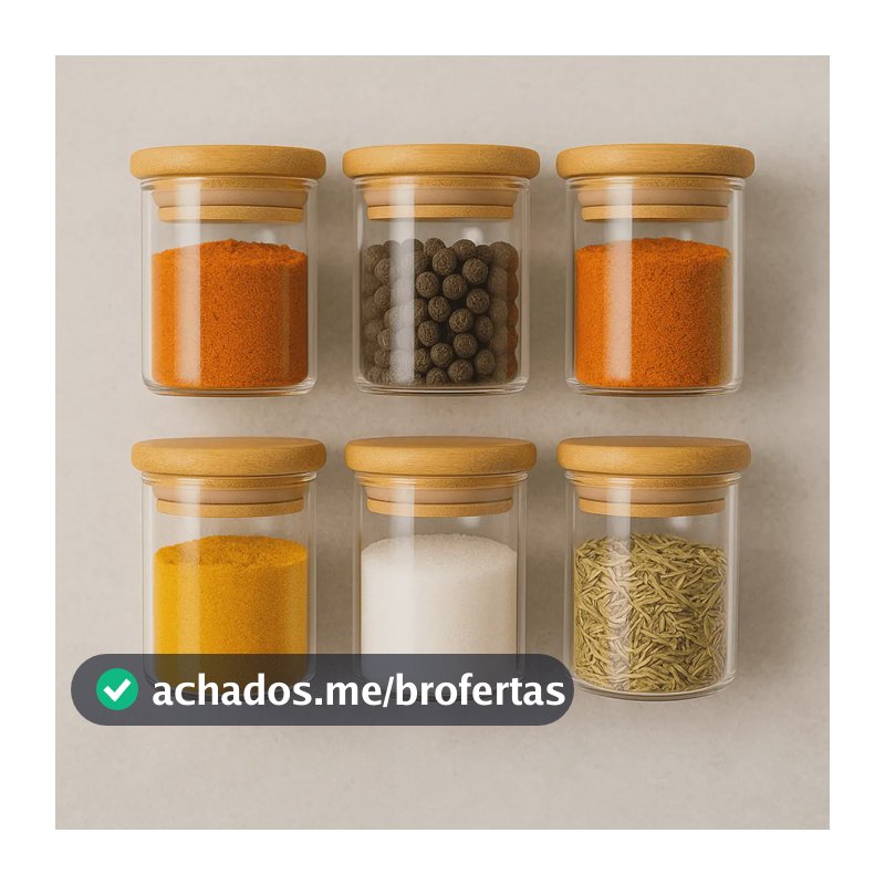 Kit 6 Potes Vidro Hermetico Com Tampa Bambu Redondo 200ml Cereais Alimentos Tempero Mantimentos Muug