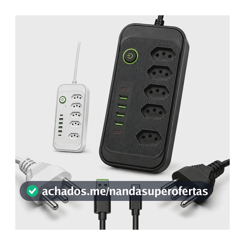 Extensão Elétrica 5 Tomadas 6 Usb 2500w Régua Bivolt Cabo 2m Preto-5tomadas/4usb-a/2usb-c 127/220v