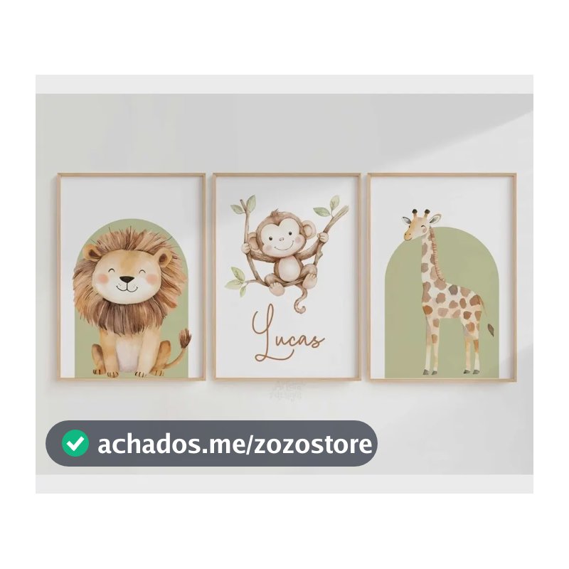 Kit 3 Quadros Decorativos  60x40 Safari Fundo Verde Com Nome Verde Marrom