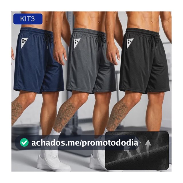 Kit 3 Short Malha Bermuda Elastano Masculina Academia Treino