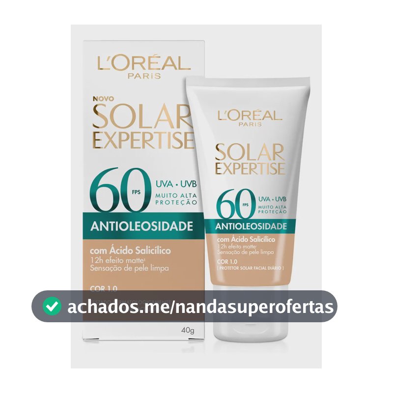 L'Oréal Paris Solar Expertise Antioleosidade, Protetor Solar Facial com FPS 60, 12h de Efeito Matte com Ácido Salicílico, Cor 1.0, 40g
