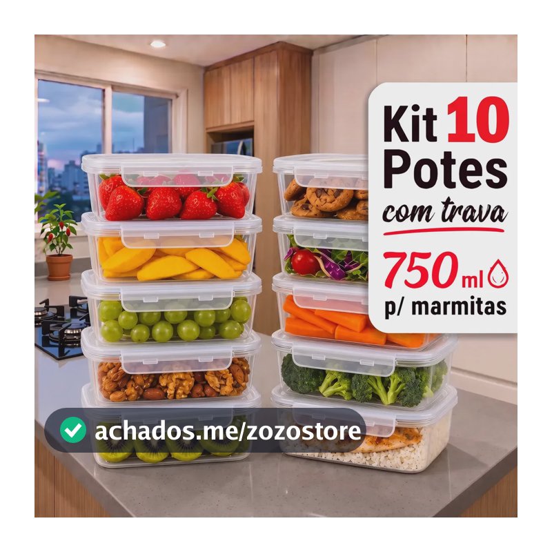 Kit 10 Potes 750ml Com Tampa Trava Plástico Transparente Para Mantimentos E Alimentos Marmita Organizador De Cozinha Geladeira E Freezer Jogo De Potes Para Organização Ponte Lar Utilidades