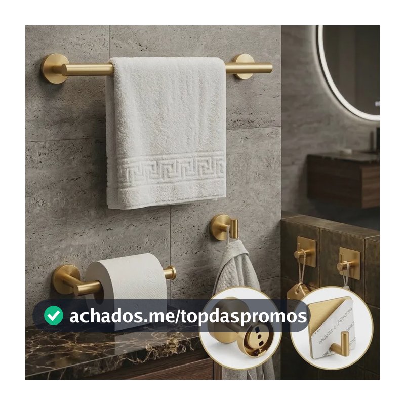 Kit Acessórios Banheiro Dourado Escovado Inox 304 5 Peças Toalheiro Papeleira Cabide e 2 Ganchos Antiferrugem Yesop