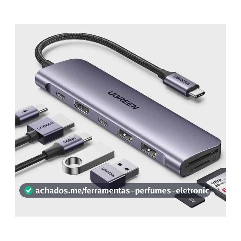Hub Tipo-c Ugreen Para 2 Usb 3.0 + Hdmi + Usb-c + Sd/tf +pd Prateado