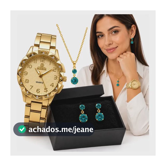 Relógio Feminino Moderno + Conjunto Folheado Colar + Brincos Dourado