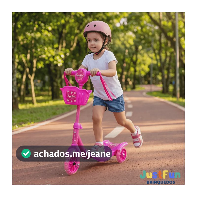 Patinete Infantil com Luz de Led 3 Rodas Musical com Cesto Guidão Ajustável JustFun Brinquedos Cor Rosa