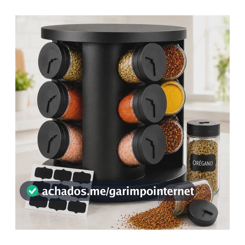 Porta Temperos Condimentos 9 Unidades Potes Vidro Base Giratória Preto Organizador Cozinha Dosador Sólar