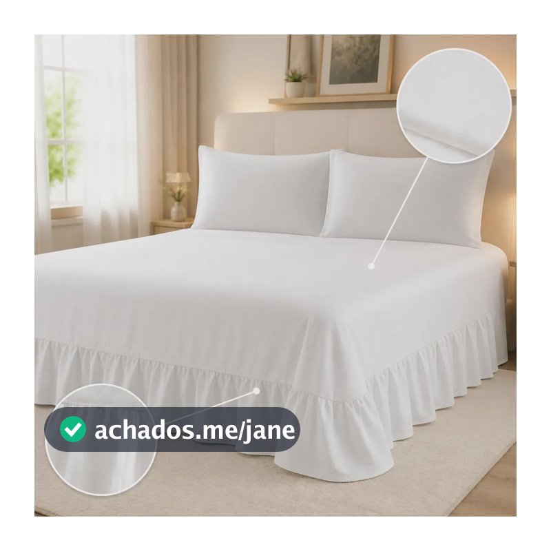 Kit Colcha Super King Cobre Leito Babado 400 Fios Fronhas Branco
