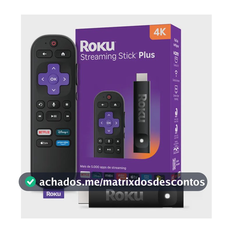 Roku Streaming Stick Plus 4K TVBox Aparelho Transforma TV em Smart Conversor Smart TV Controle Voz Wi-Fi Longo Alcance | Original NF-e | Com Apps e Canais Ao Vivo Grátis Sistema Rápido Imagem 4K HDR