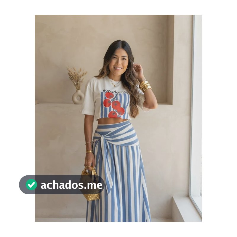 Saia Midi Listrada Feminina Cintura Alta Elegante Verão Azul E Branco Listras M