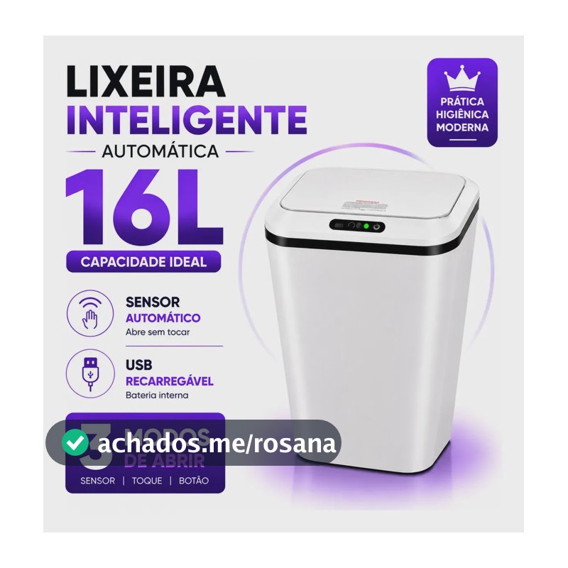 Lixeira Inteligente Automática 16L Sensor Infravermelho Recarregável USB-C 3 Modos Tampa Touch Banheiro Cozinha