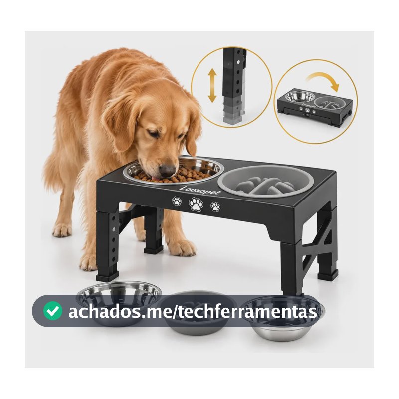Comedouro Bebedouro Elevado Cães Duplo Lento Inox Grandes Ajustável Looxopet Preto