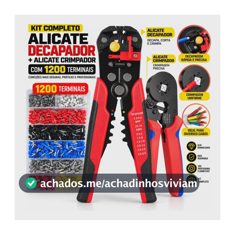Alicate Crimpar Prensa Terminal Tubular Decapar Descascador Crimpador Ilhós 0,25 Até 10mm Kit Eletricista Profissional