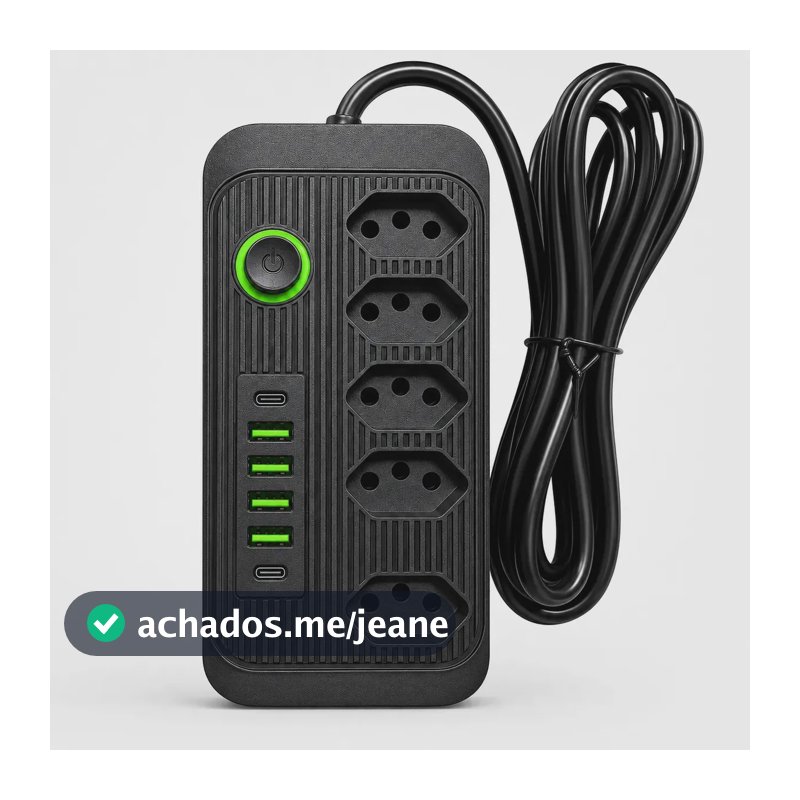 Extensão 2m 5 Tomadas 4 USB e 2 USB-C Bivolt com Proteção Cor Preto