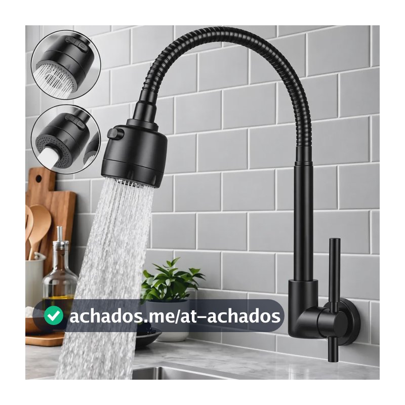 Torneira Cozinha Inox 360° Flexível 2 Jato Bancada De Parede Preto Brilhante