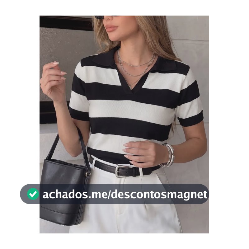 Blusa Gola Polo Listrada Feminina Tricot Modal Moda Inverno Preto/branco Listrada Único