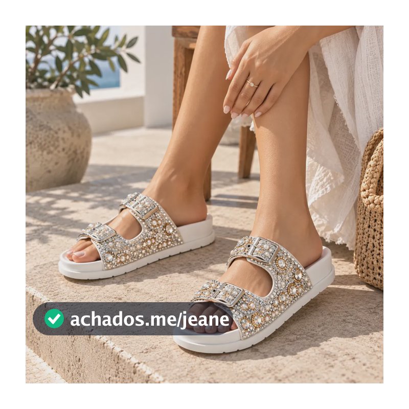 Sandália Papete Feminina Flatform Pedraria Pérola Strass Branco 37 Br
