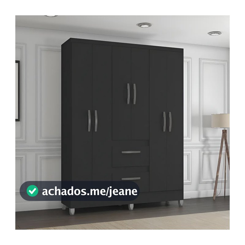 Guarda Roupa Solteiro 6 Portas 2 Gavetas Capri Poquema Cor Preto