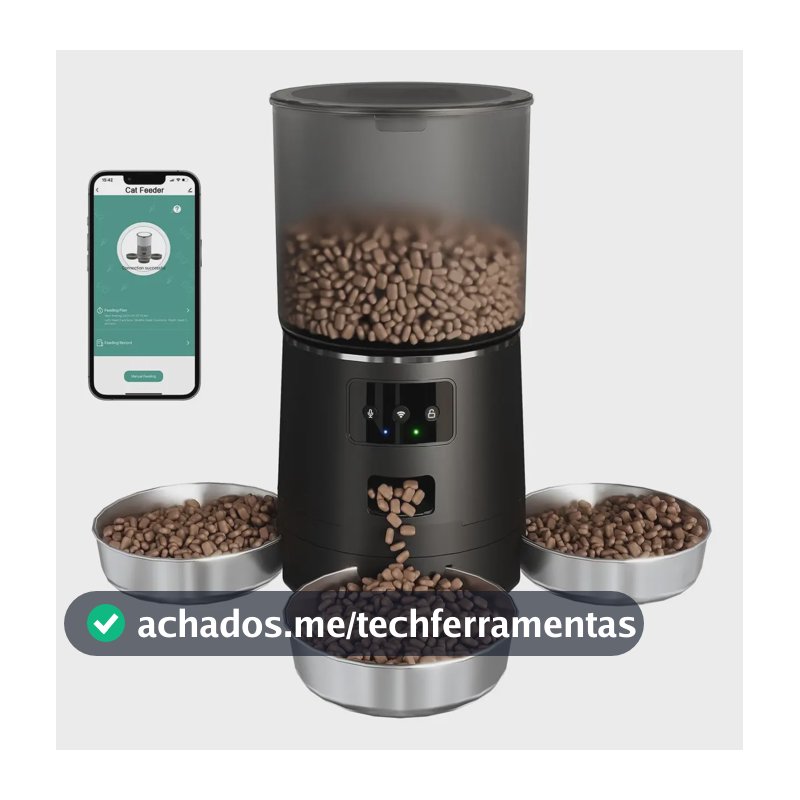 Comedouro Automático New Pet 6L 3 Tigelas Wi-Fi Controle App