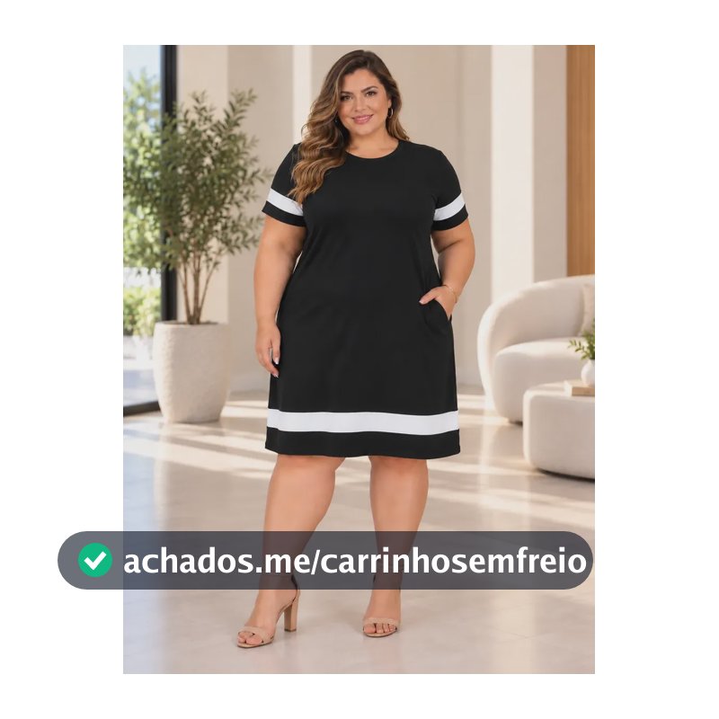 Vestido Plus Size Midi Soltinho Casual Moda Verão Elegante Preto Lisa Gg (46)