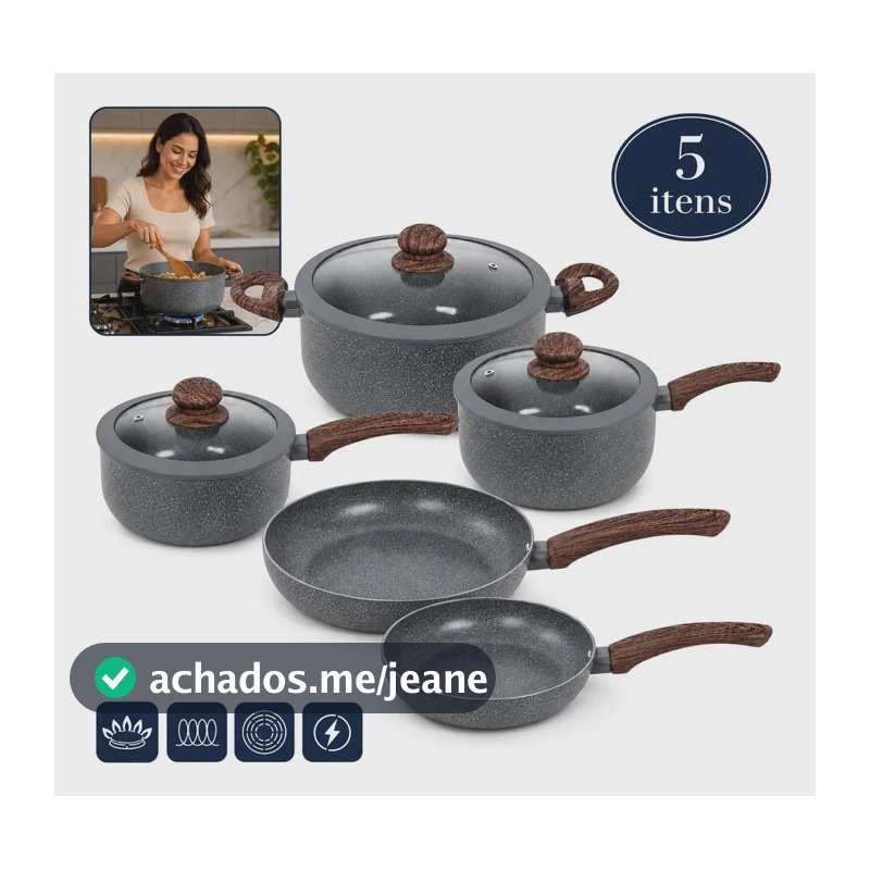Jogo de Panelas Cerâmica Antiaderente 5 Peças com Tampa de Vidro para Fogão de Indução Gás e Elétrico Conjunto de Panelas Granito Cabo Soft Touch Shokki Cor Cinza