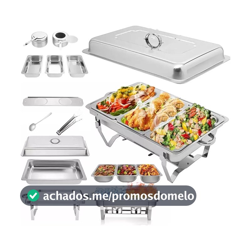 Rechaud Retangular 11 L Com 3 Cubas 1/3 Banho Maria Gourmet Adequado Para Bufês