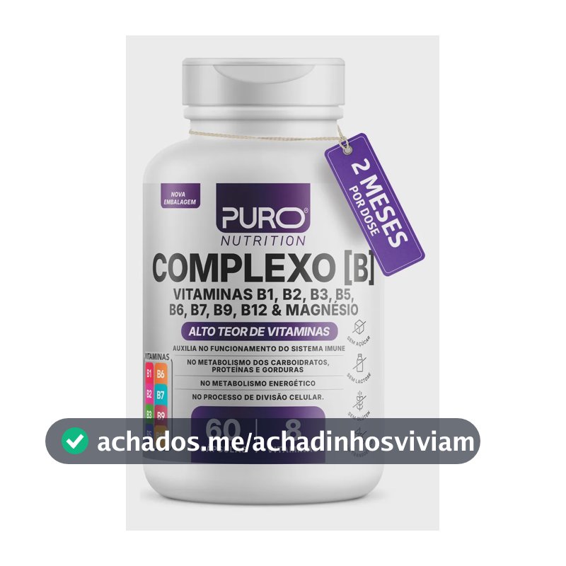 Complexo B Puro Nutrition – Vitaminas B1, B2, B3, B5, B6, B9, B12 e Magnésio, 60 Cápsulas