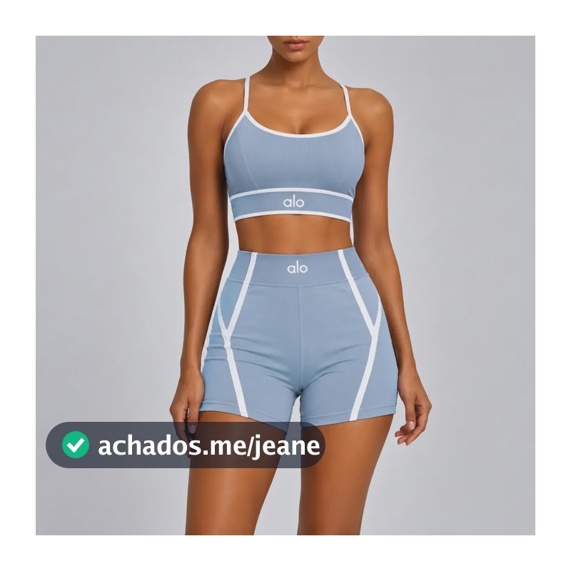 Conjunto Fitness Feminino Yoga Alo Top E Shorts Meia Coxa Azul Lisa P/m