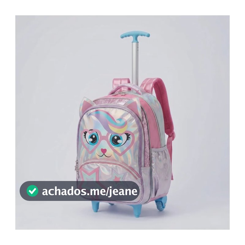 Mochila Rodinha Gatinho Holográfico Infantil Meninas Escolar