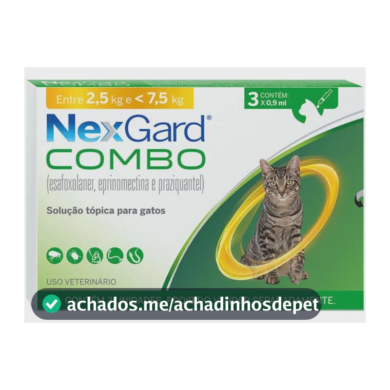 Nexgard Combo Original Gatos Antipulgas Vermes 2,5 A 7,5 Kg 3 Pipetas Cor Amarelo