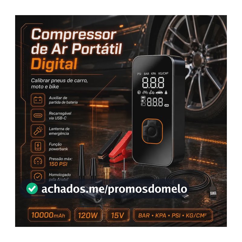 Auxiliar de Partida de Bateria Veicular Portátil Com Compressor de Ar Para Carro e Moto