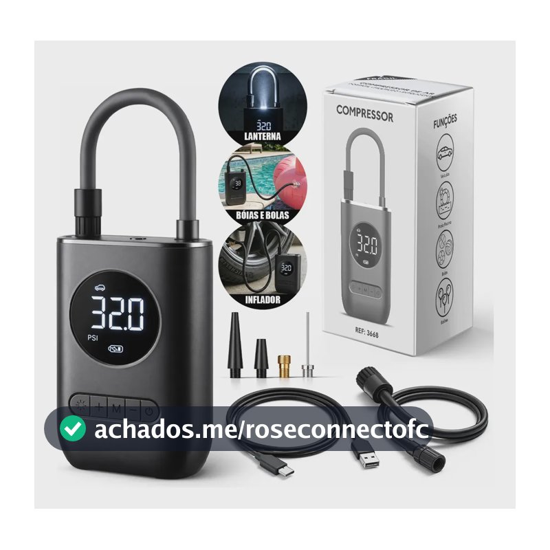 Mini Compressor de Ar Digital Portátil Recarregável USB-C Lumi para Pneus de Carro, Moto e Bicicleta Inflador Elétrico de Bolas e Infláveis Display LCD Alta Pressão Sem Fio Preto